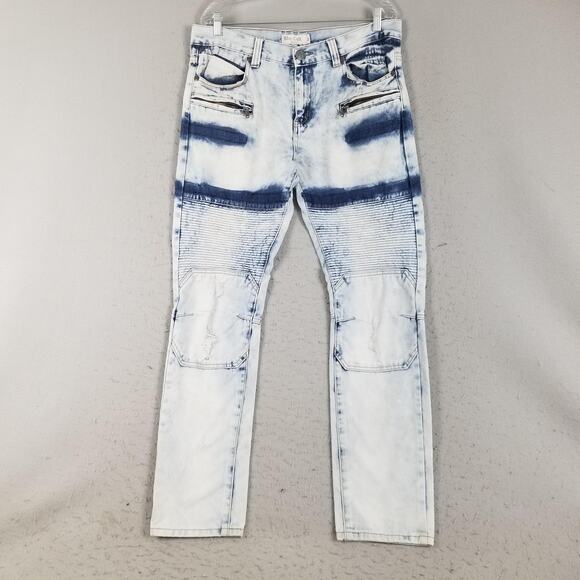 Blue Cult Jeans Mens 34 White Indigo Moto Distressed Biker Denim Zipper Pockets - Picture 1 of 16
